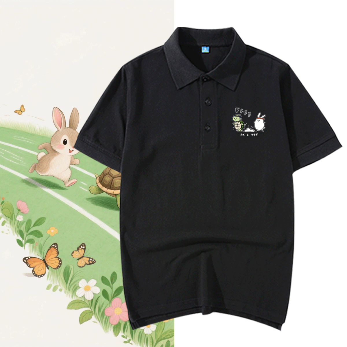 日系设计感萌趣兔子是无敌的龟兔赛跑可定制纯棉夏短袖t恤POLO衫