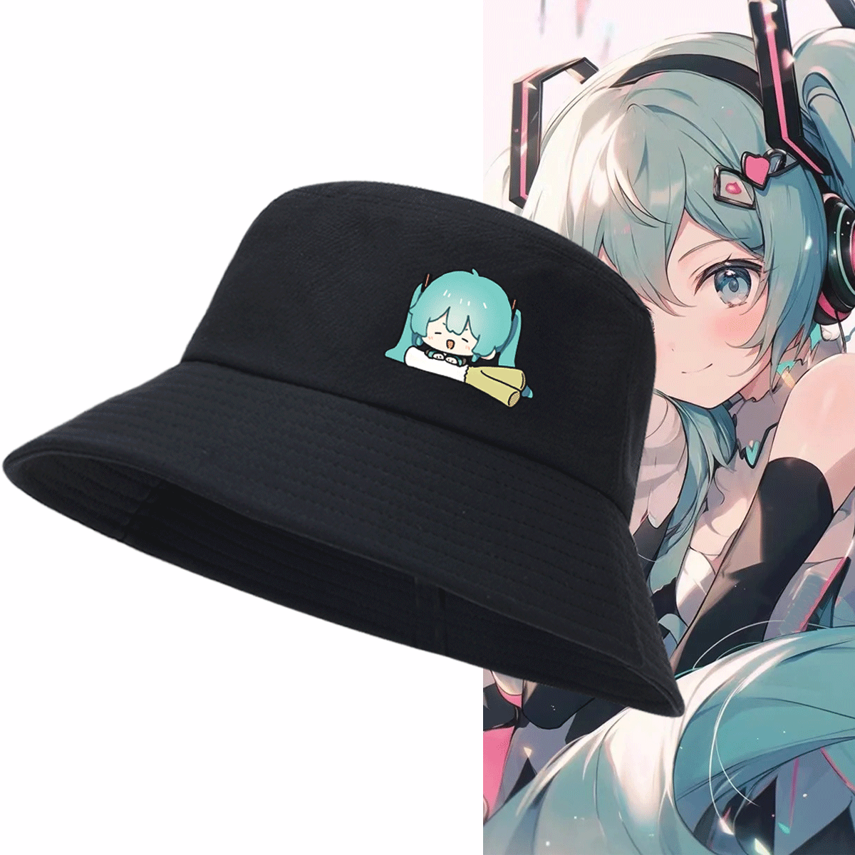 初音未来联名男女青年定制日系二次元MIKU动漫盆帽遮阳帽子渔夫帽