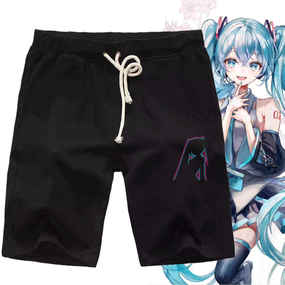 日系初音未来男女情侣可定制miku葱娘联名夏季休闲裤运动五分短裤