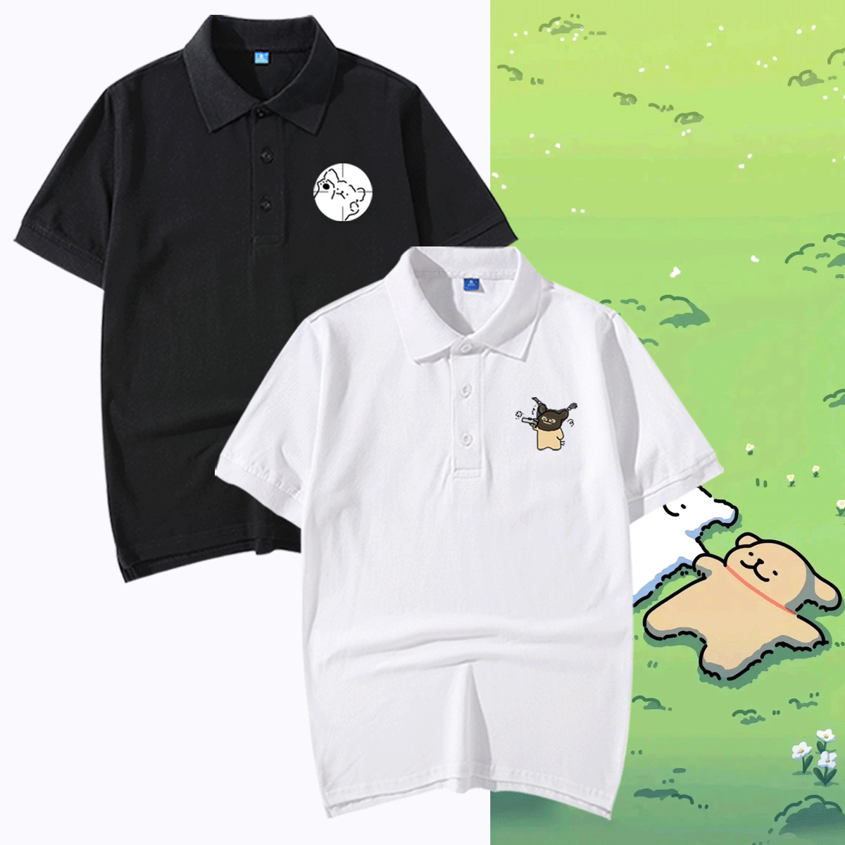 线条小狗周边联名卡通周边夏百搭动漫男女情侣定制短袖T恤POLO衫