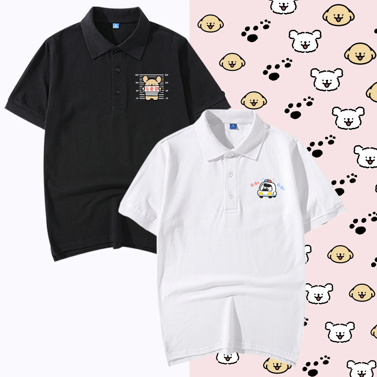 线条小狗卡通印花男女学生情侣可爱百搭可定制短袖T恤纯棉POLO衫