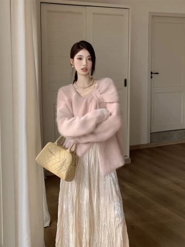 Розовый осенний демисезонный дизайнерский свитер с бантиком, в корейском стиле, оверсайз, свободный крой