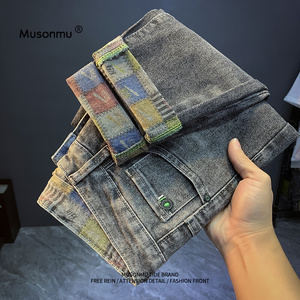MUSONMU高端牛仔裤男2023年秋冬季潮牌弹性休闲印花韩版直筒修身