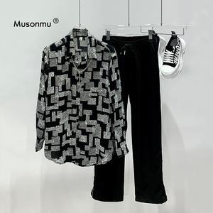 MUSONMU黑色长袖衬衫男格子时尚印花宽松休闲衬衣潮牌发型师上衣