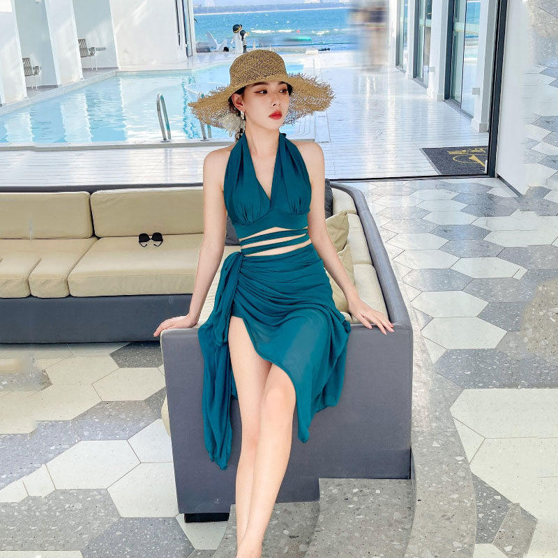 分体泳衣女性感绑带小胸聚拢高腰遮肚显瘦长裙式沙滩比基尼三件套