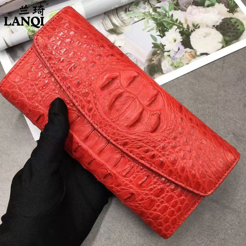 鳄鱼皮钱包三折女士钱包红色骨皮钱夹时尚真皮搭扣手拿包女款