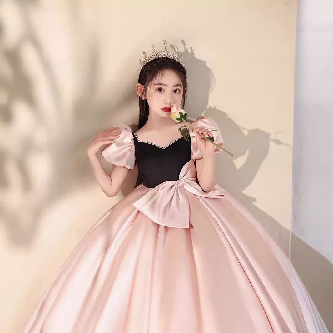 女童公主风蝴蝶结礼服泡泡袖缎面长裙超仙甜美主持人钢琴演出服,童装/婴儿装/亲子装,儿童礼服,淘宝优惠券,粉丝福利购,淘宝优惠卷