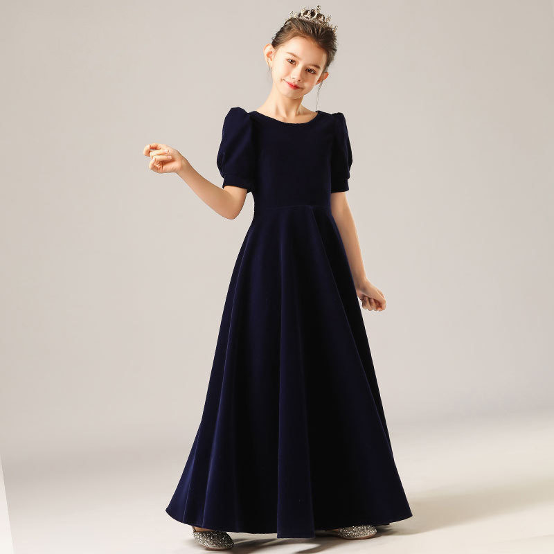 女童蓝色丝绒礼服连衣裙短袖儿童公主裙学生合唱指挥演出服长裙子