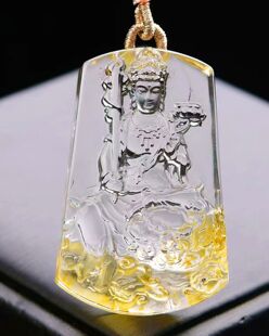 天然巴西水晶黄胶花文殊菩萨吊坠男本命年生肖属兔无事牌挂件项链