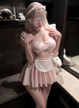 甜欲初恋粉色女仆花边小围裙性感露沟后开衩露臀连衣裙qqny制服