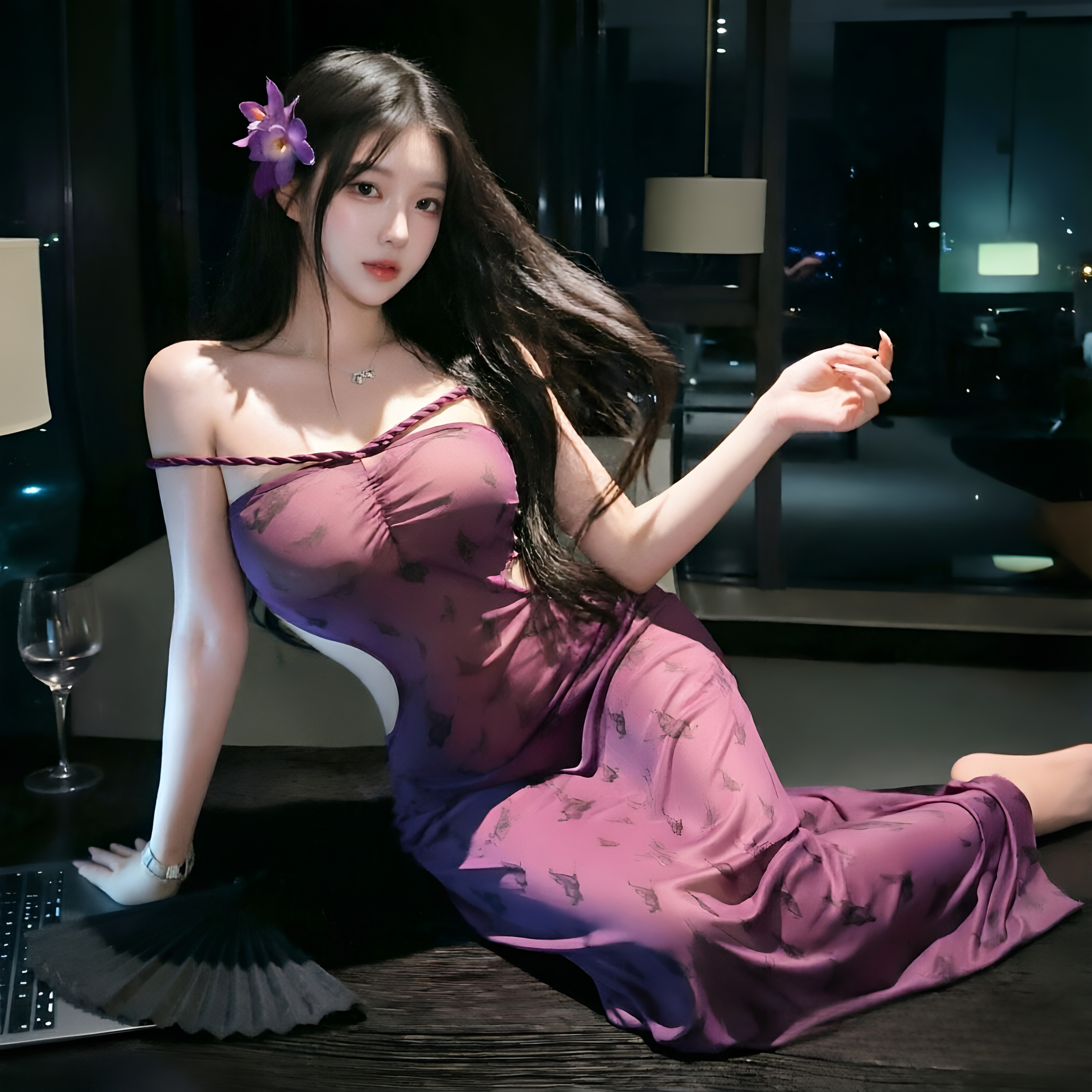 气质印花连衣裙女紫色性感海边修身鱼尾浓情内衣礼服旗袍长裙qqny