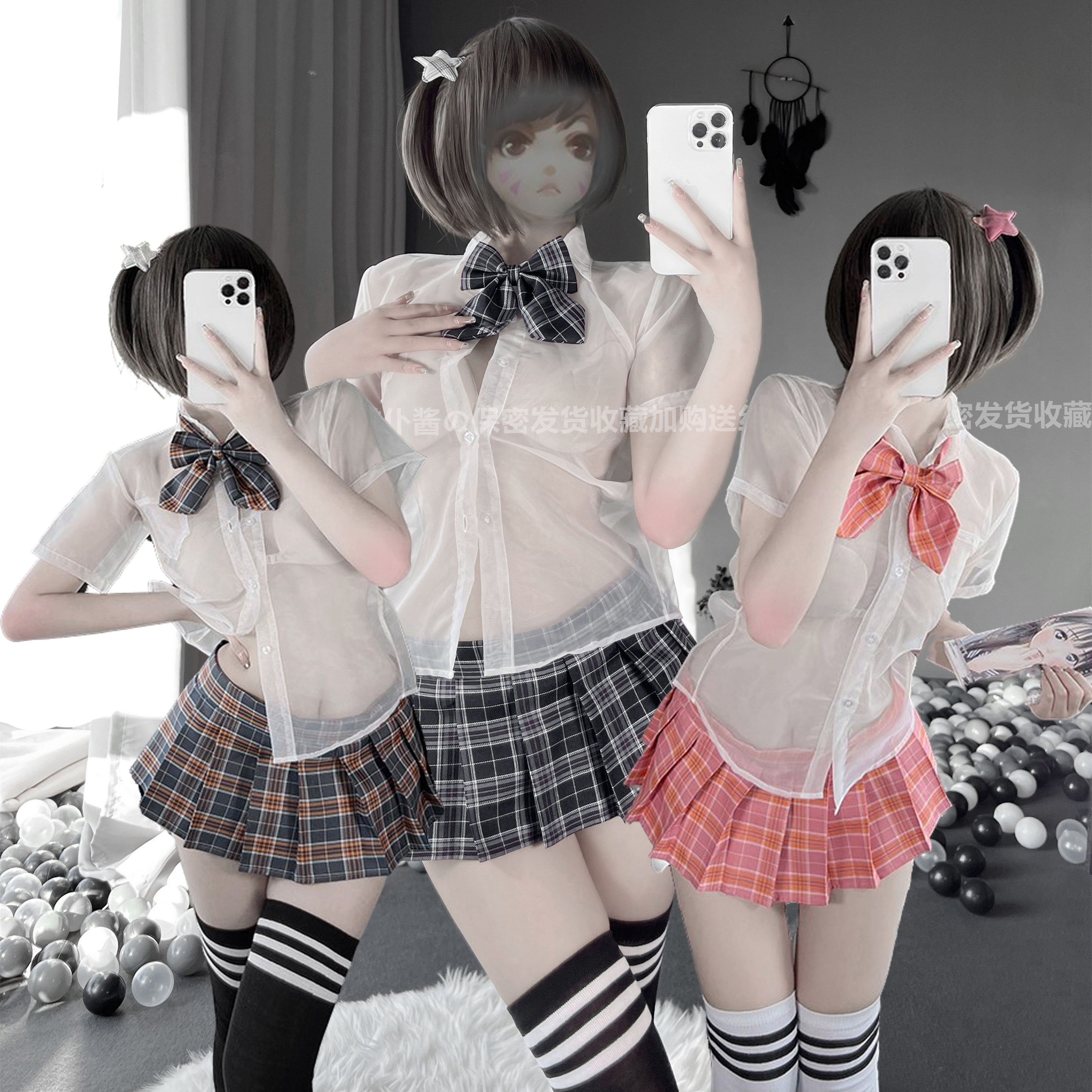 清纯萌动学妹短裙性感纯欲睡衣透视薄纱衬衫诱惑校园jk格纹百褶裙