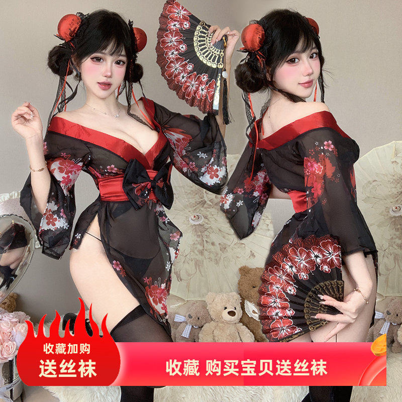 纯欲魅影印花日式和服睡裙套装透视露臀免脱诱惑深V浴袍写真套装