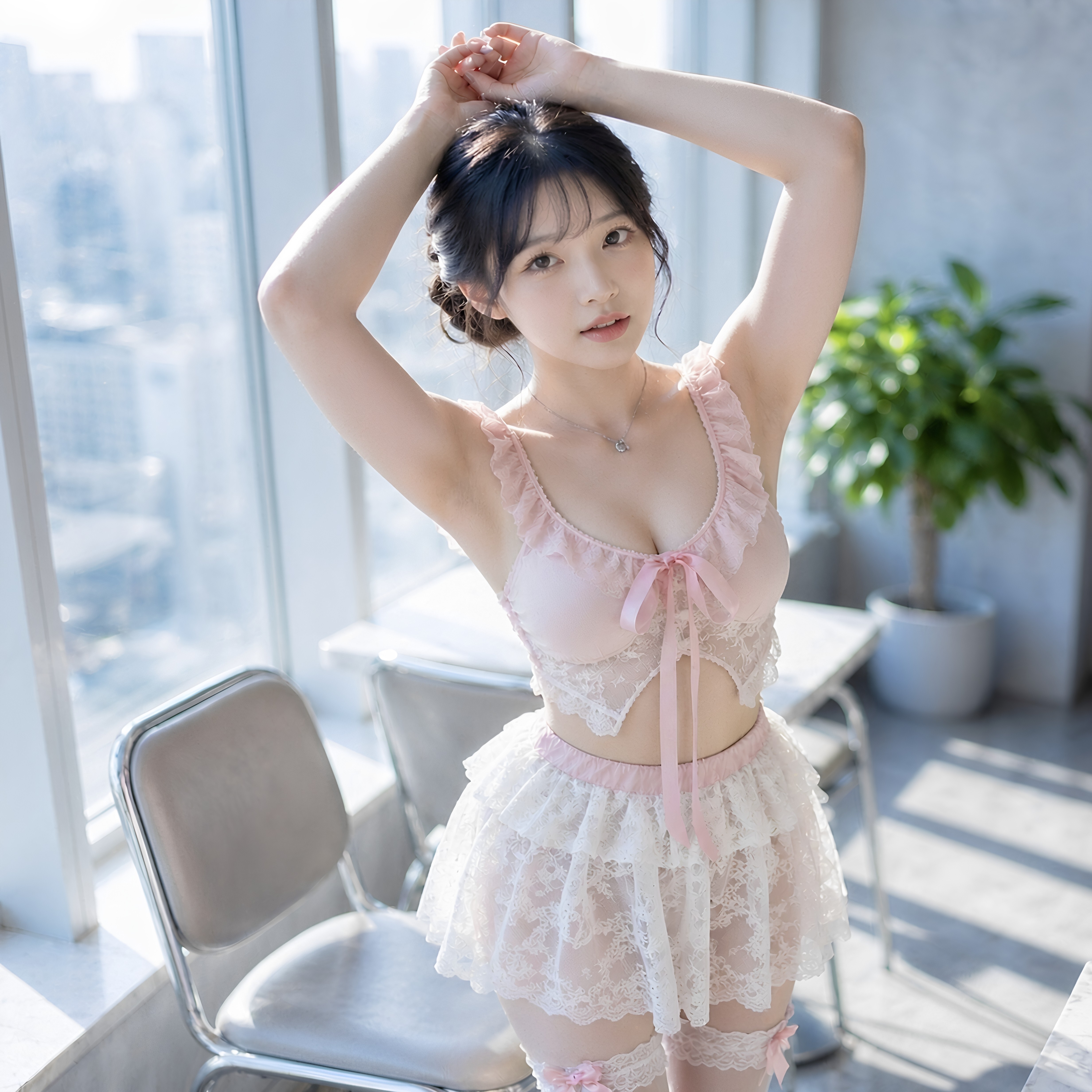 喵仆酱「樱桃小玩」可爱蕾丝透视纯欲粉花边性感小胸女仆睡裙qqny
