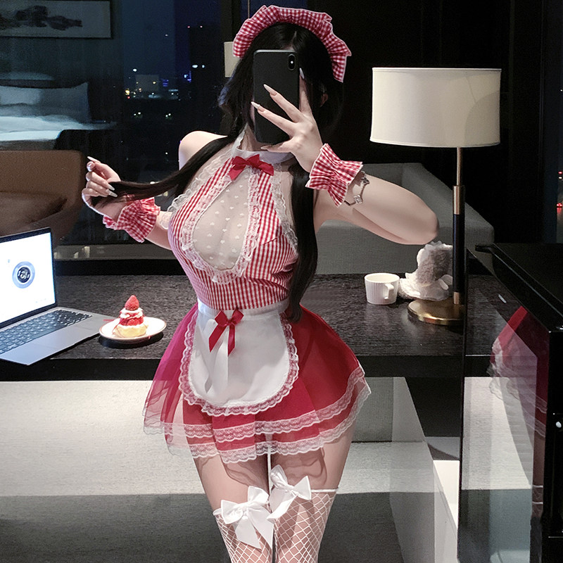 喵仆酱「红格女仆」性感格子女佣甜美蕾丝诱惑角色扮演制服裙套装