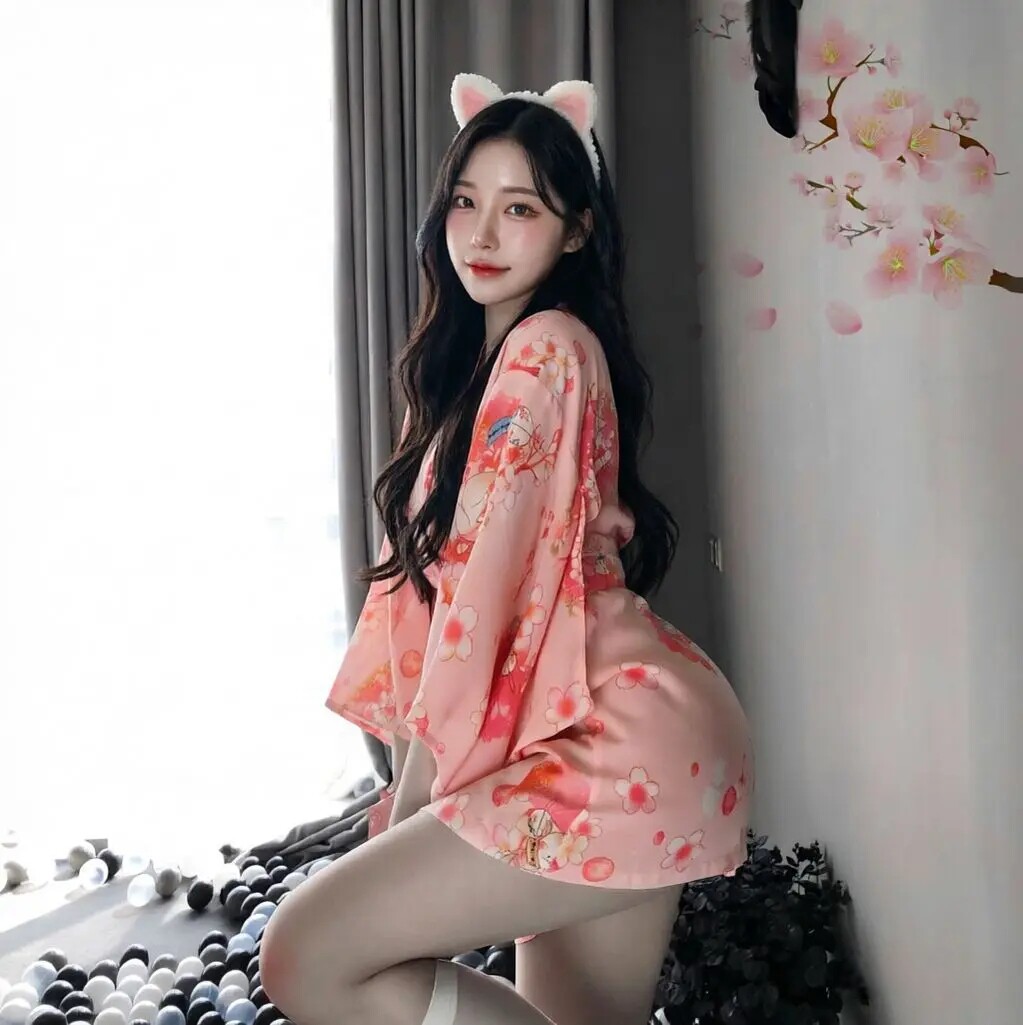 保密私密发货兔女郎性感日式印花雪纺束腰和服浴袍浴衣可爱兔睡袍