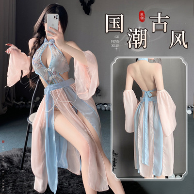 娇俏小仙娥性感美背两片式裙摆蝴蝶结挂脖飘带长裙原创汉服纯欲装