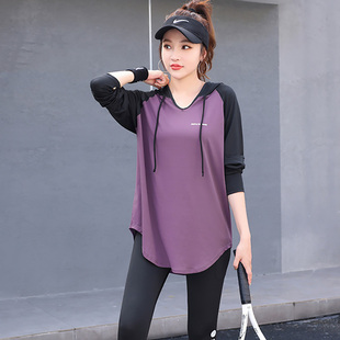 大码 胖mm200斤 运动上衣女速干T恤连帽宽松遮肚跑步透气瑜伽服套装