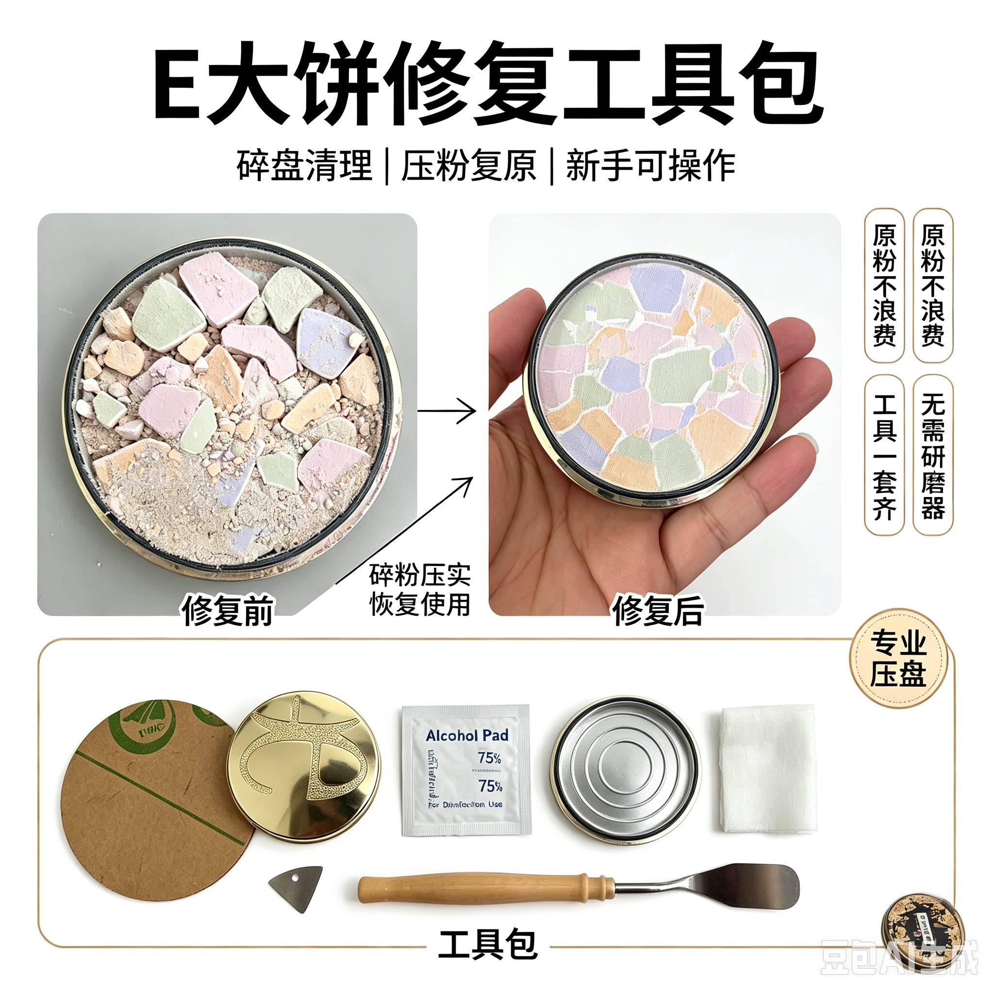E大饼碎了修复工具包 粉饼压盘工具 E大饼家庭装镜子 粉饼压章