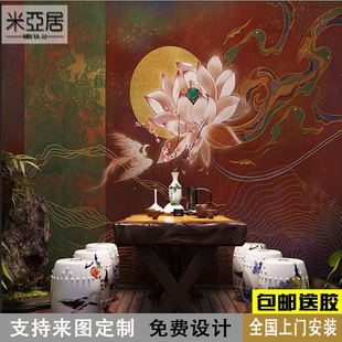 中式花鸟木纹窗格墙纸故宫红中国风汉服店古风剧本杀客厅装修墙布