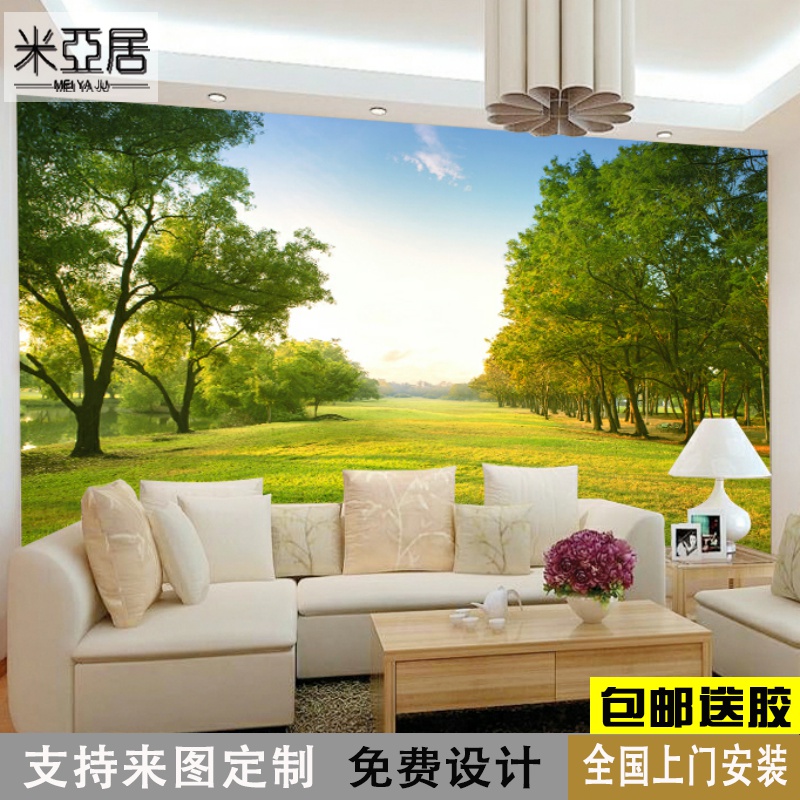 3d大自然田园树林草地风景墙纸客厅沙发卧室大树电视背景墙壁纸