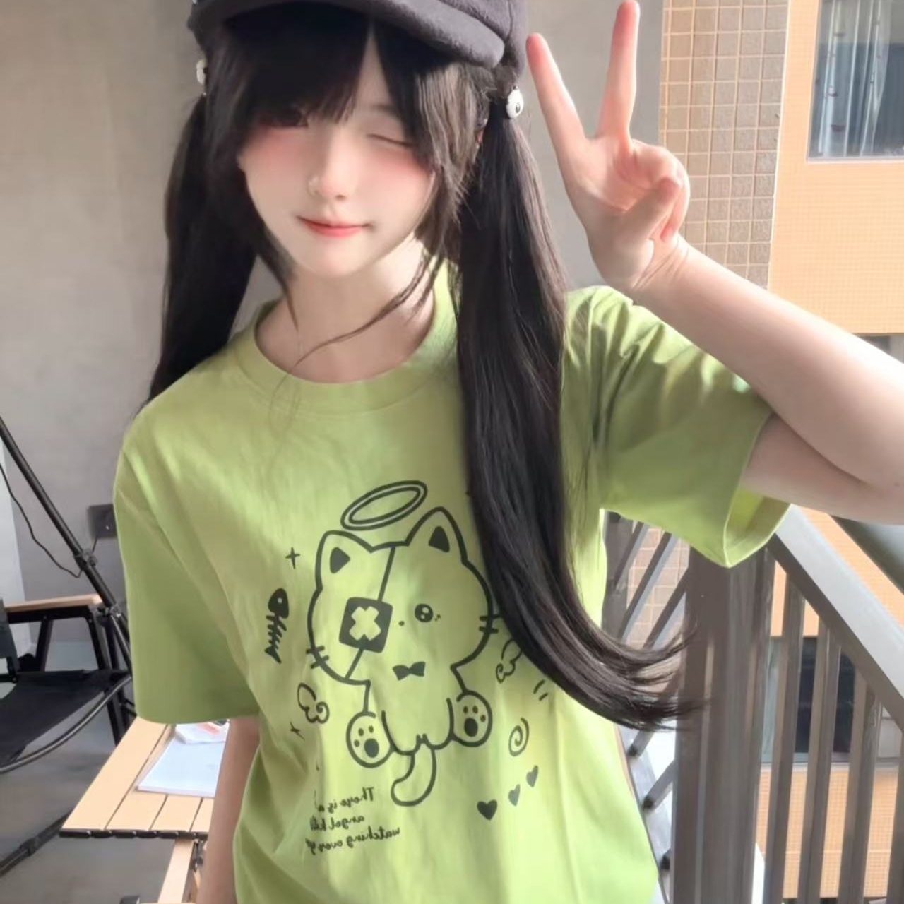 奶油陷阱原创可爱猫咪印花亚文化绿色短袖纯棉小落肩T恤上衣夏季