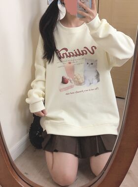 原创宽松可爱猫咪印花卫衣