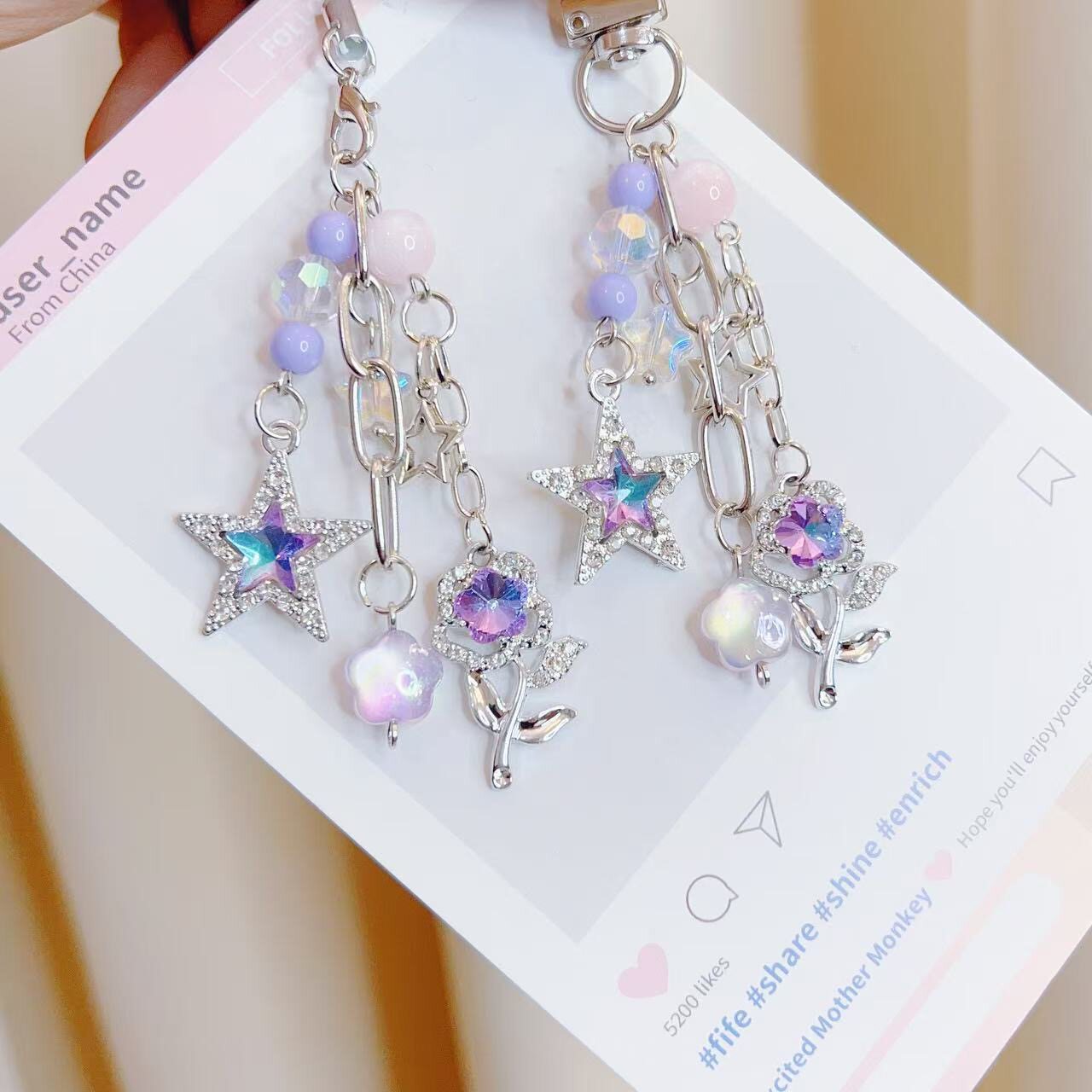 原创新款紫钻玫瑰包挂五角星星手机链钥匙扣卡册链包挂件水晶挂饰