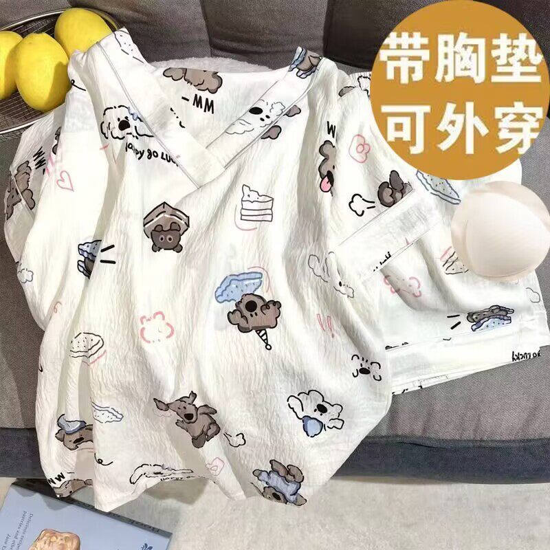 带胸垫睡衣女夏季2025新款短袖云朵棉可爱甜美纯棉纱布家居服套装