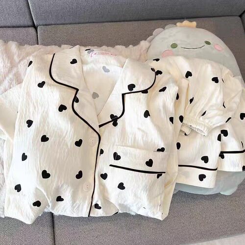 纯棉纱布睡衣女夏季薄款短袖短裤甜美爱心可爱学生少女家居服套装