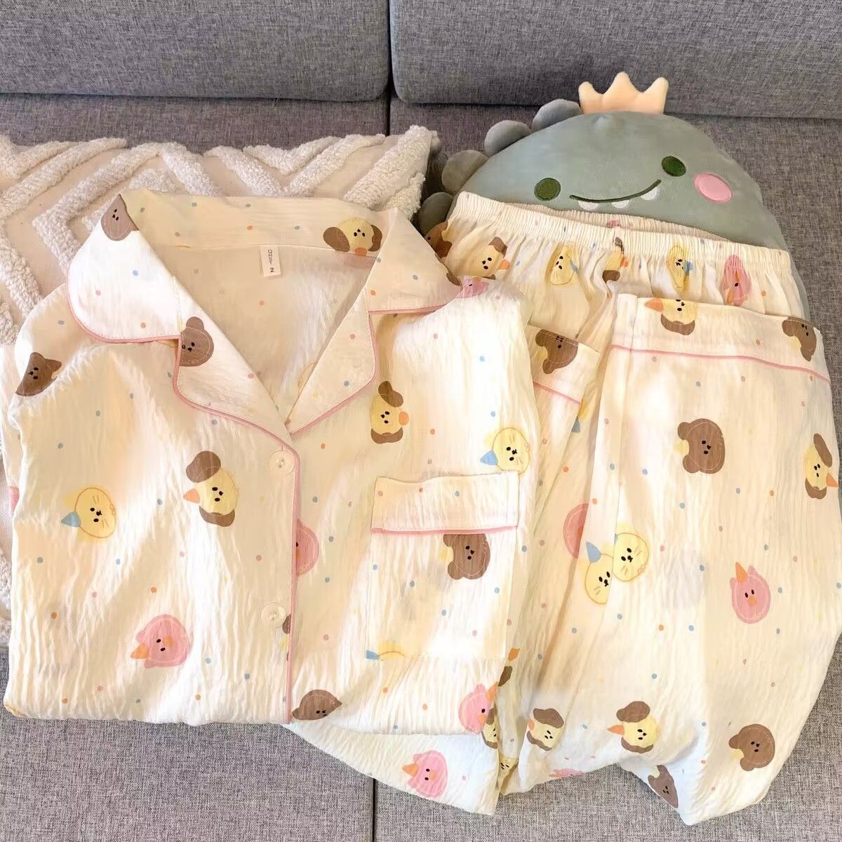 韩版ins风卡通小熊纯棉纱布睡衣女春秋新款长袖学生家居服套装