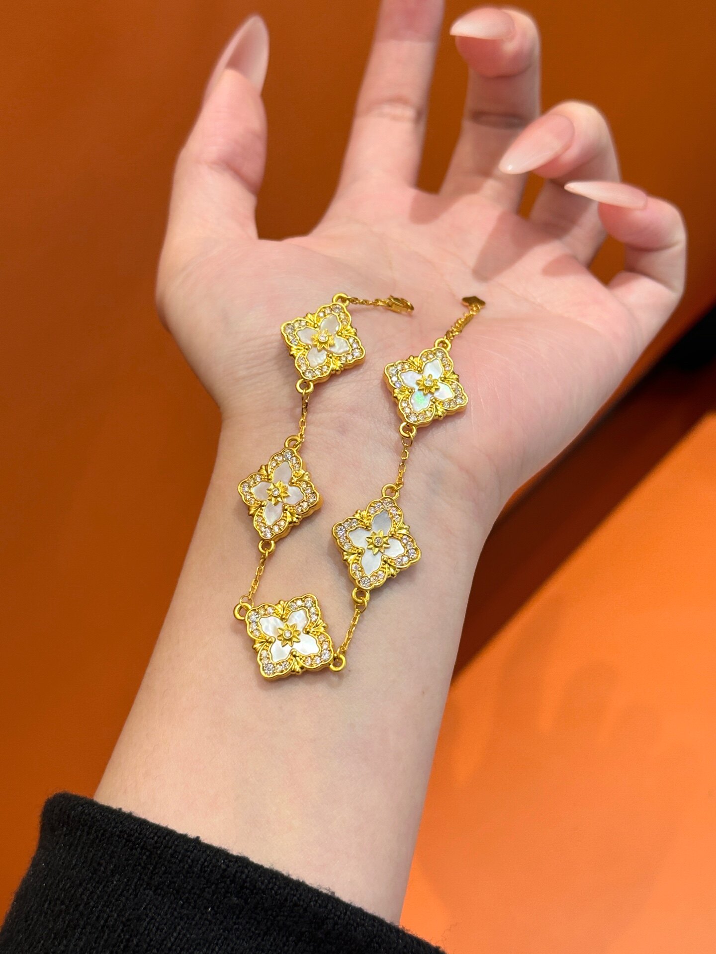 足金999镶钻菱形花朵手链水贝黄金送女朋友礼物2026新款