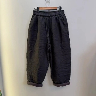 长95 纯色砂洗亚麻宽松舒适夹棉保暖松紧腰老爹棉裤 2024冬季 新款