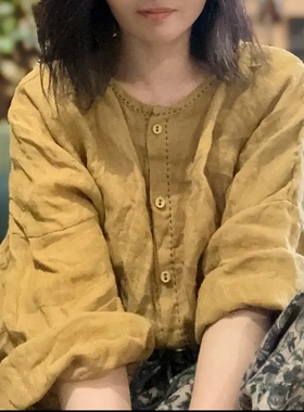 素年未央  SN180 休闲文艺百搭圆领亚麻开衫手工缝线小衫外搭上衣