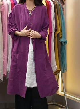 2025秋季新款高品质亚麻中长款开衫女士休闲百搭长袖衬衫衣薄外套