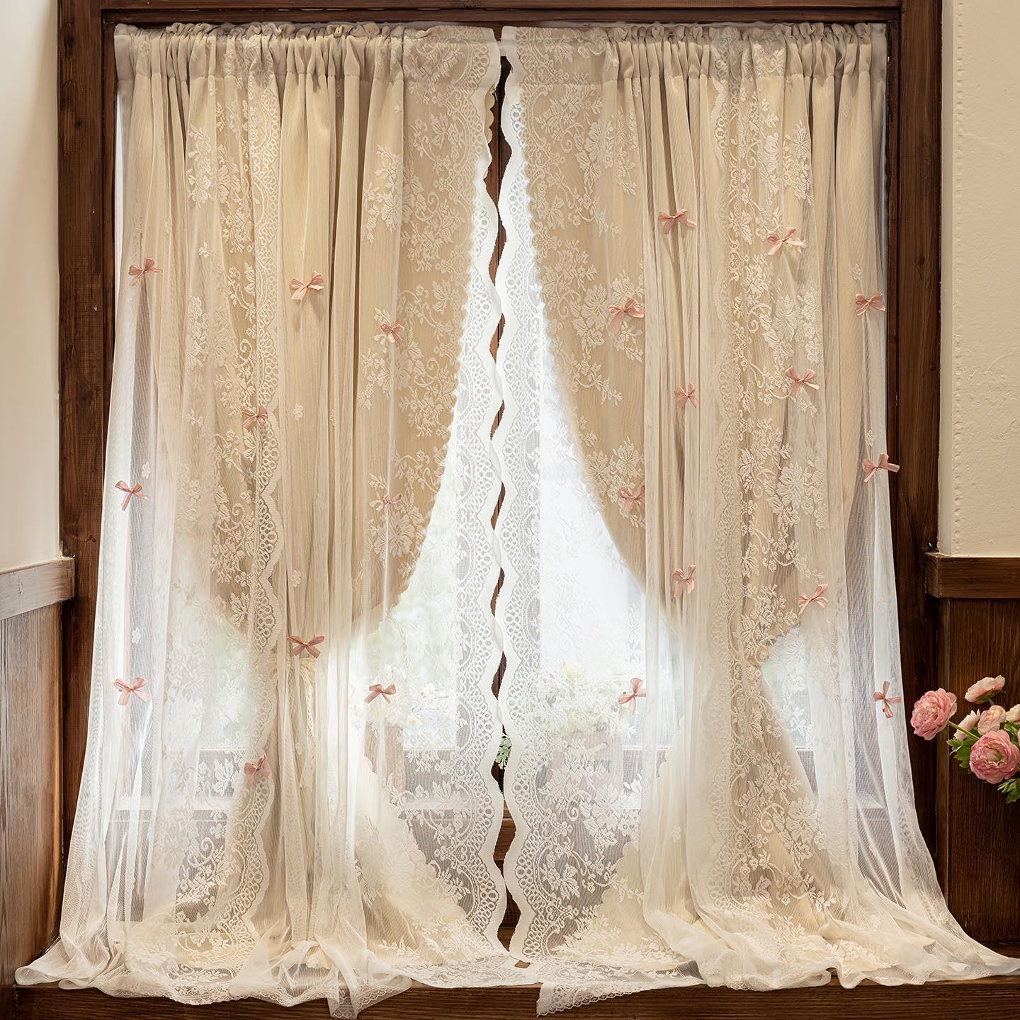 法式遮光窗帘卧室多巴胺公主风蕾丝双层一体免打孔飘窗半帘门帘小