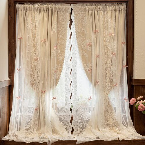 法式遮光窗帘卧室多巴胺公主风蕾丝双层一体免打孔飘窗半帘门帘小