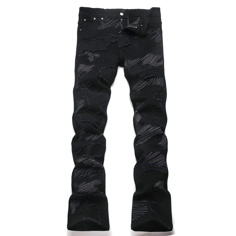 高街潮牌美式拼贴乱线刺绣微喇牛仔裤修身黑色裤子潮流喇叭裤男士,男装,牛仔裤,淘宝优惠券,粉丝福利购,淘宝优惠卷