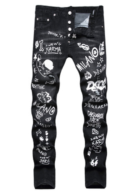 潮牌D黑色甩漆印花破洞牛仔裤狂野拉链挂绳装饰个性中弹男牛仔