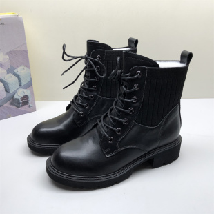 38码 撤柜处理真皮马丁靴黑色系带瘦瘦靴女英伦风拼接骑士靴女 正品