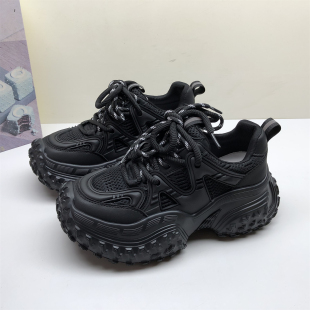 女百搭运动休闲鞋 商场撤柜真皮女鞋 时尚 黑色厚底老爹鞋 增高户外鞋