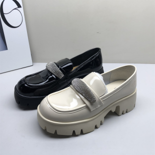 商场撤柜真皮女鞋水钻厚底乐福鞋女漆皮圆头一脚蹬轻熟高级感单鞋