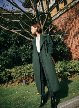 【补货】小章鱼大丸纸同款 墨绿色双排扣系带长款羊毛毛呢大衣MD