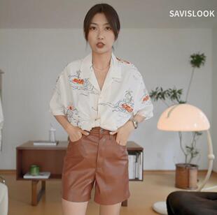 2021秋nuna匈牙利小众百搭高腰仿皮休闲直筒短裤 Savi同款 HSU