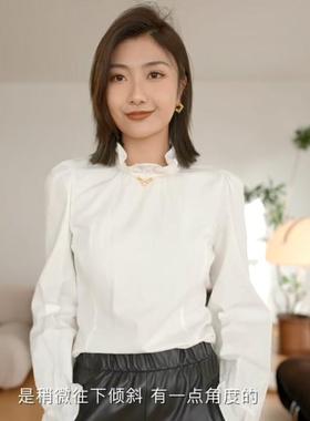【HSU】Savi同款 韩版复古百搭荷叶边立领荷叶袖口长袖白色衬衫