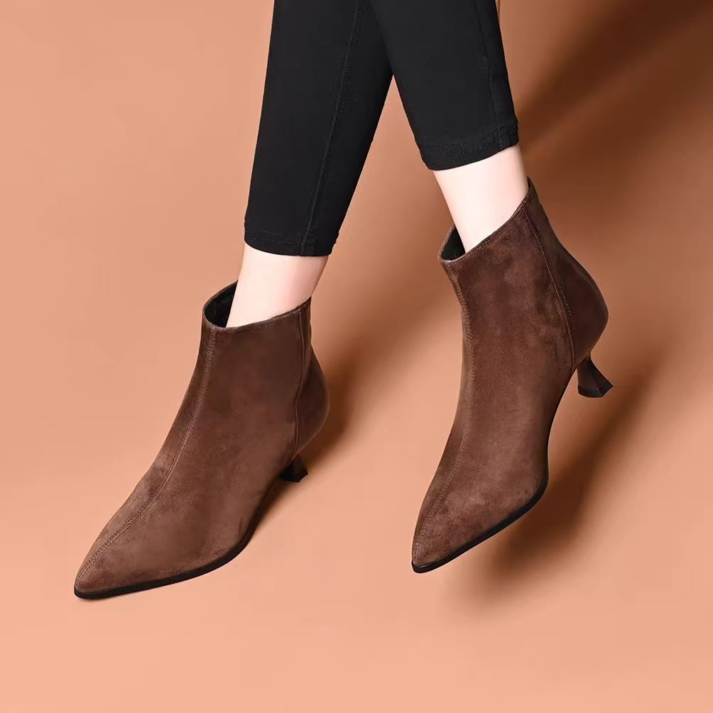 尖头高跟短靴女春秋单靴冬季新款短筒加绒流苏靴子气质女靴