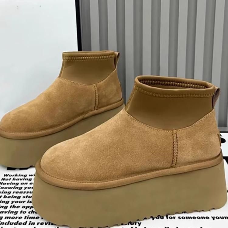 加绒附体+东大门韩版牛皮松糕腿模雪地靴女显瘦短靴增高厚底裸靴