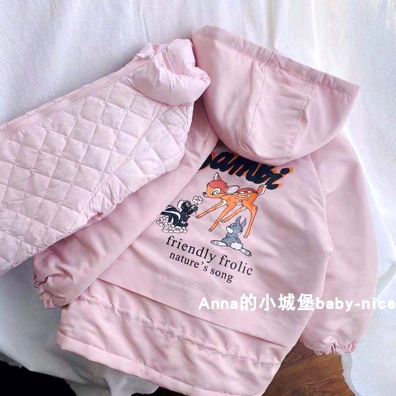 冬款童装女童羽绒服内胆+连帽棉袄防风衣夹棉外套两件套保暖棉衣