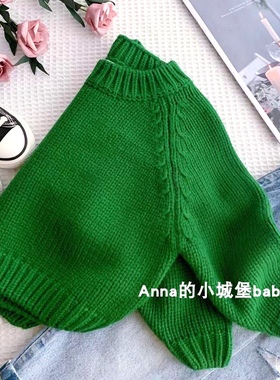 秋冬韩版童装宝宝长袖加厚绿色粗棒针毛衣女童圆领森系套头针织衫
