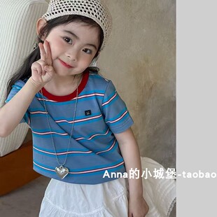 韩版 25夏季 打底衫 T恤儿童洋气撞色上衣宝宝休闲半袖 女童条纹短袖